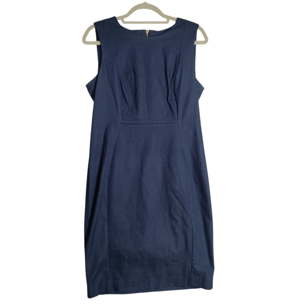 Calvin Klein Womens Navy Blue Pinstripe Sleeveless Sheath Dress Size 12 Gold Zip